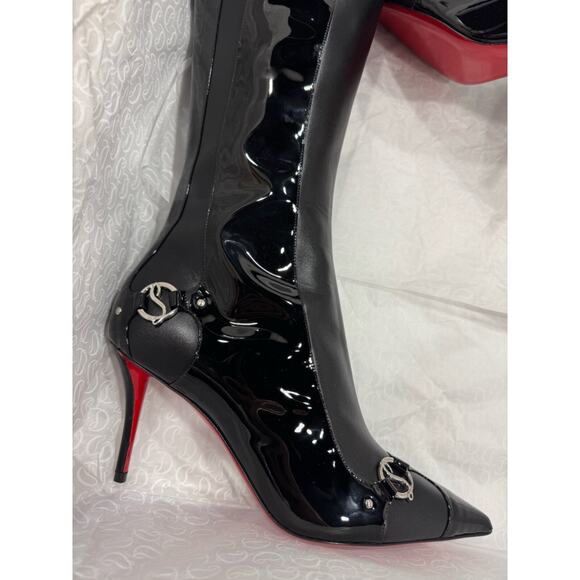 Christian Louboutin CL IN 90S Botta 80 Black Logo Leather Knee High Heel Boot 38 - Picture 5 of 15